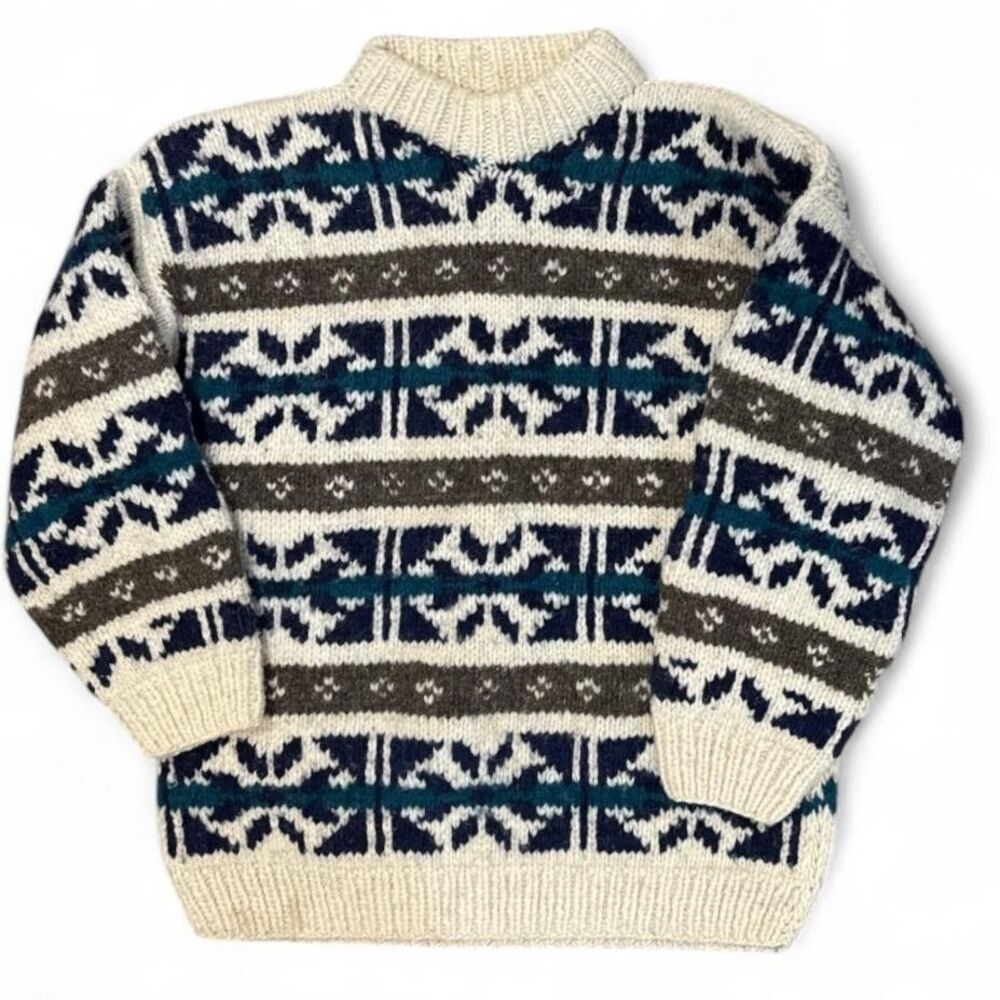 Earth Traders Wool Sweater Cream Blue Fair Isle Chunky Knit Size S/M Pullover